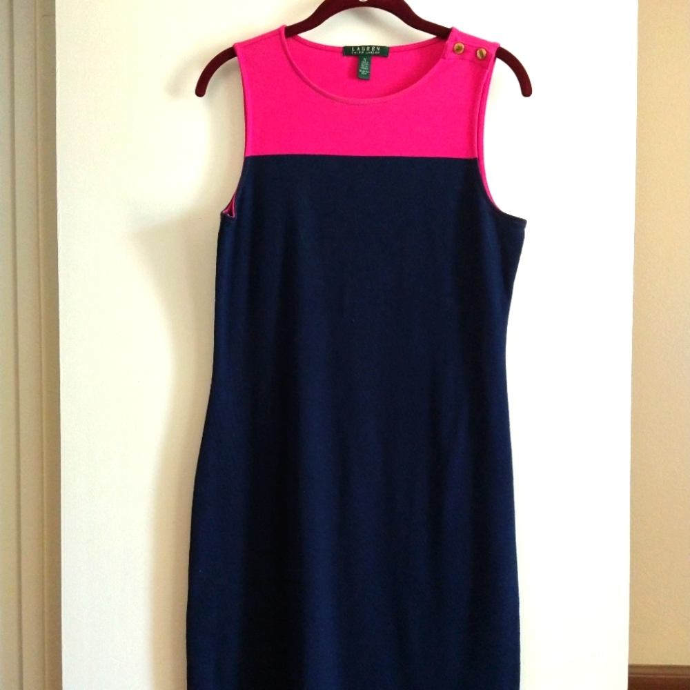 Ralph Lauren Knit Midi Dress Navy Magenta Sz Medium